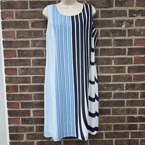 Chico' Size 1 I US 8 M Blue White Veritcal Striped Lined Dress Geo Sleeveless